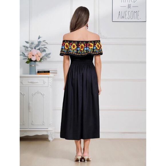 Off Shoulder Mexican Dress Floral Sunflower Fiesta Maxi Casual for Women - Picture 5 of 6